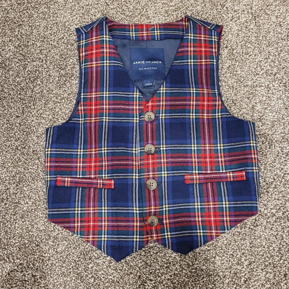 Janie and Jack Boys Navy Red Plaid 100% Wool Vest Size 3 Holiday Formal Dressy